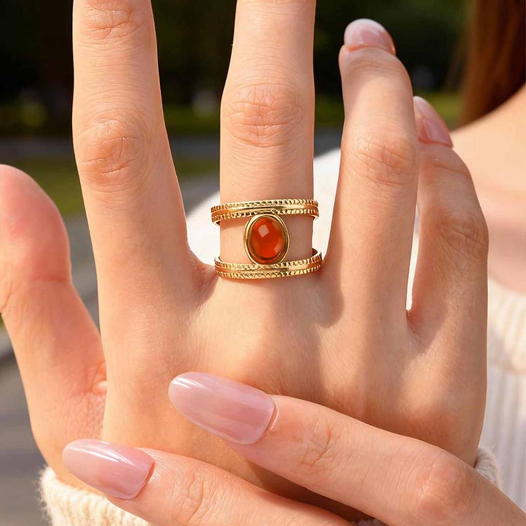 Waterproof Stainless Steel Rings for Women, Double Layered Open Adjustable Oval Nature Stone Bohemian Stylish Fashion Jewelry