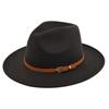 Retro jazz hat, dark khaki belt, woolen hat, cowboy ancient black woolen hat, flat brim hat