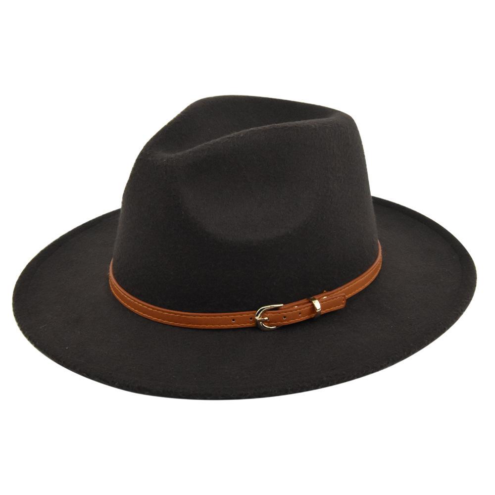 Retro jazz hat, dark khaki belt, woolen hat, cowboy ancient black woolen hat, flat brim hat