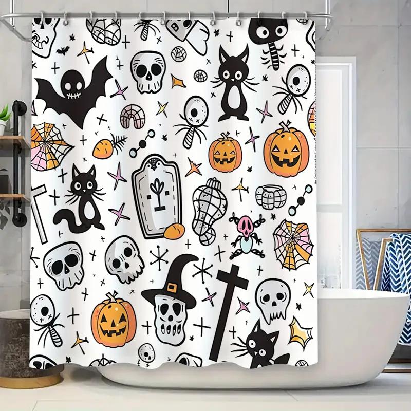 

Halloween-themed shower curtain with spooky patterns featuring pumpkins, skulls, bats, cats more Perfect for a fun haunted hous W90xH180cm