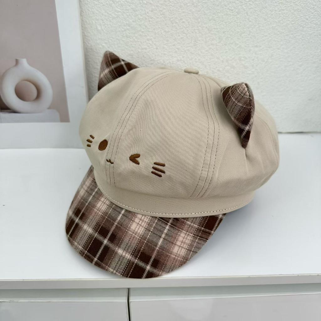 Cute Leopard Print Cat Ear Beret Women's Sunshade Sun Protection Retro Big Head Circumference Octagonal Hat Showing Face Small Painter Newsboy Hat