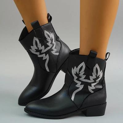 Vintage Embroidery Women Western Cowgirl Boots Fashion Slip On Shoes Autumn Winter Square Heel Ladies Short Booties