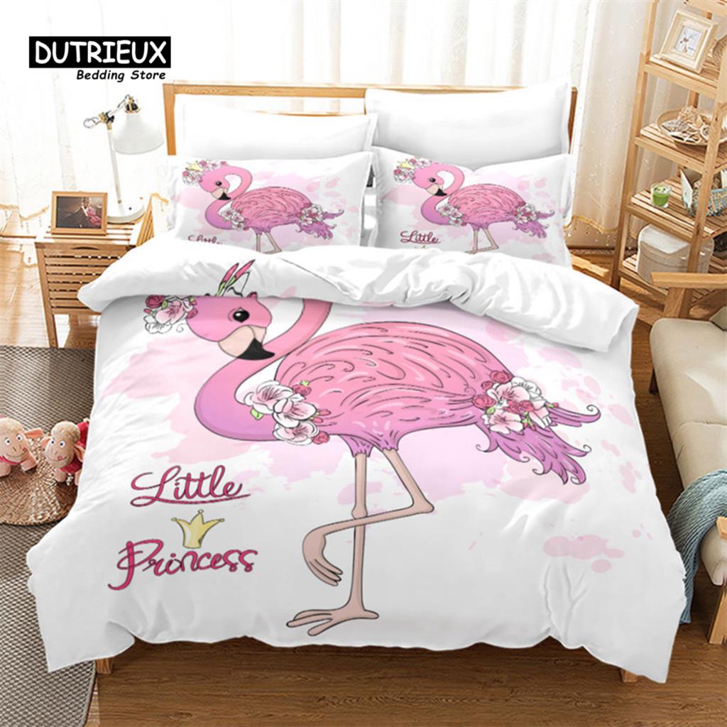 Soft Flamingo 3D Print Bedding Set Fresh Style Cartoon Animals Green Leaves Tropical Fruit Floral Duvet Cover With Pillowcases