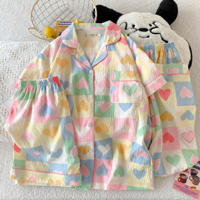 Blue Bear Women's Summer Cotton Pajama Set - Short-Sleeved, Cute Cartoon Design, Three-Piece Loungewear.