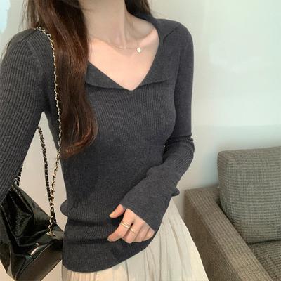 Slim-fit Knit Bottom Sweater for Women In Autumn New Polo Collar Soft Waxy Inside Long-sleeved Blouse