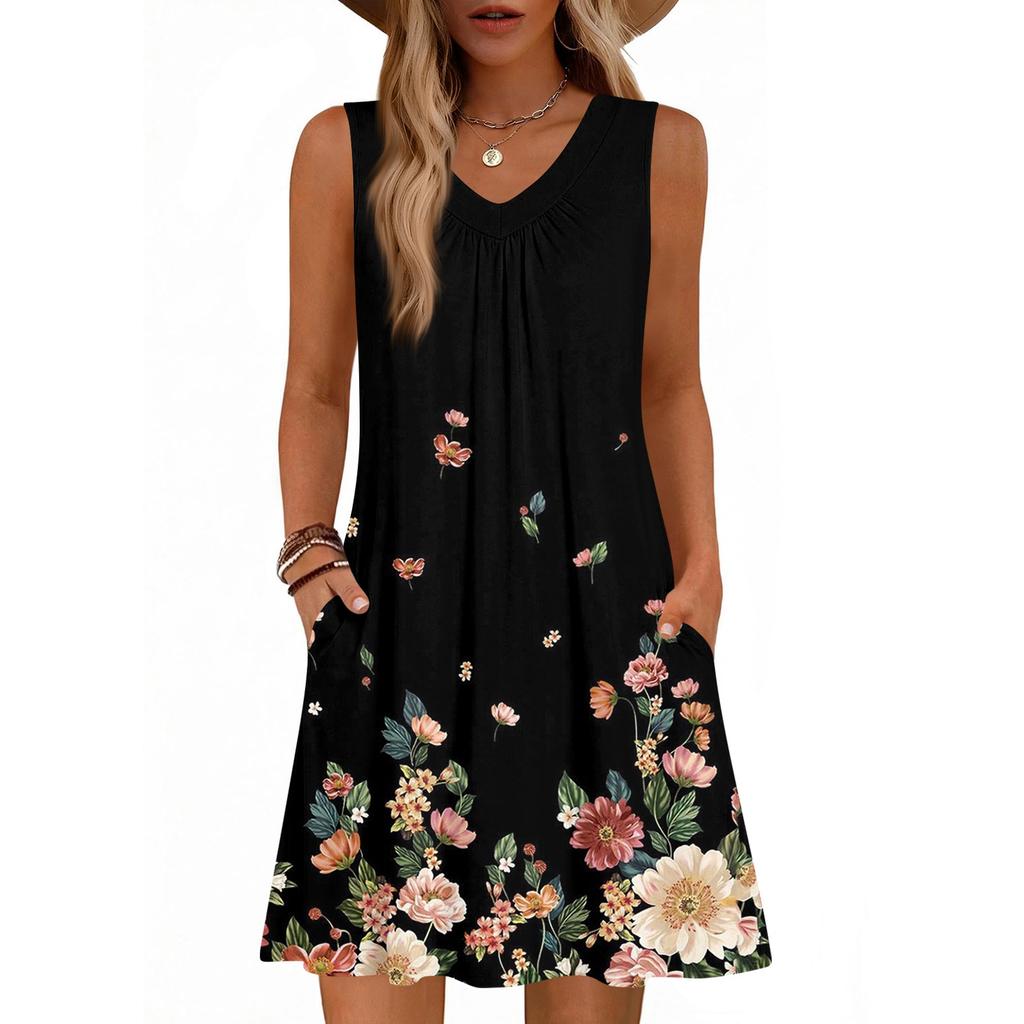Women's Fashion Printed Summer Sleeveless V-neck Tank Top Pocket Casual Loose Dress