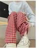 Red Checkered High Waist Wide Leg Pants for Women - Lazy Style, Linen, Perfect for Spring and Autumn