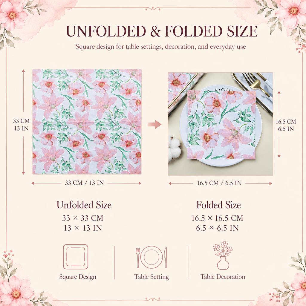 Pink Floral 2-Ply Paper Napkins for Party Table Decoration 20PCS