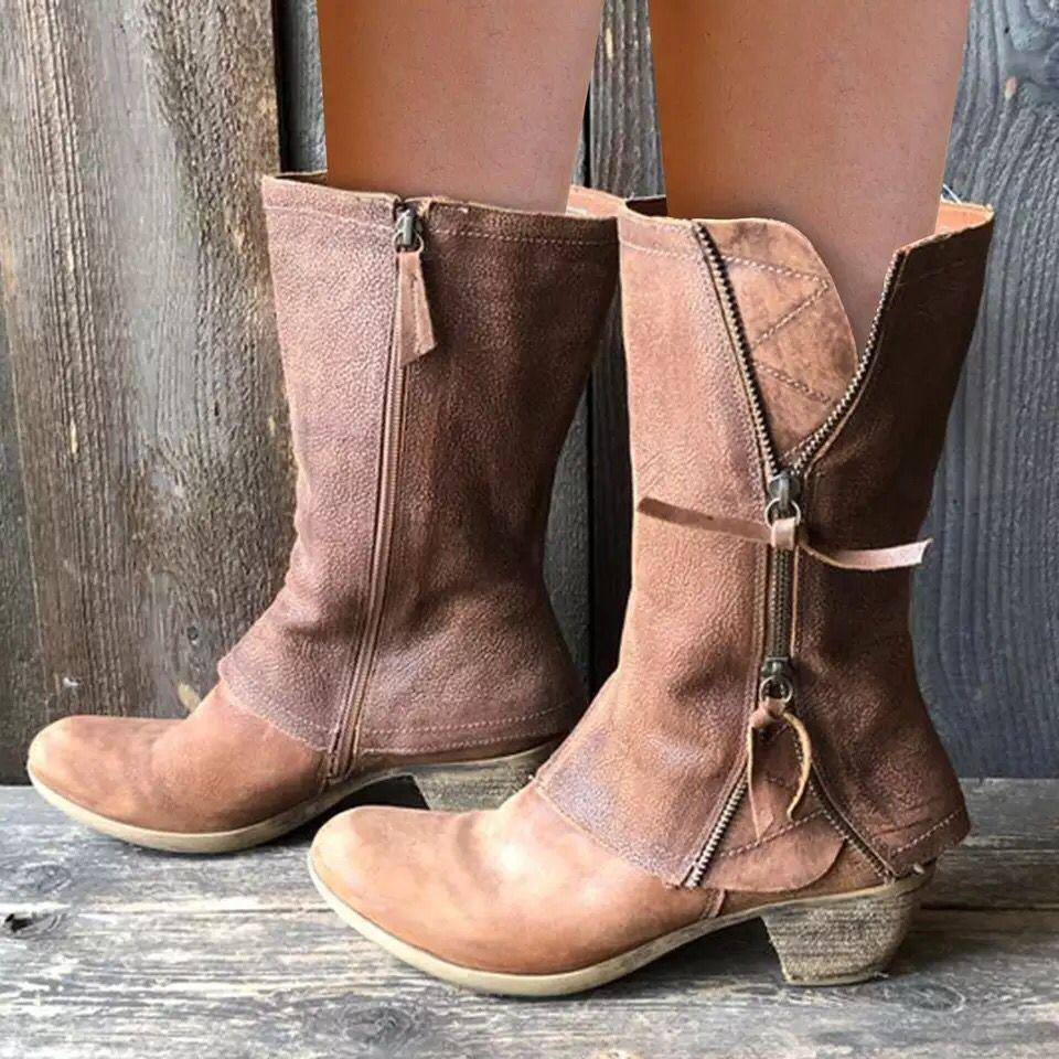 Autumn and Winter Large Size Thick Heel Women's Leather Boots Side Zipper Martin Boots Women's New British Style Medium Heel Boots
