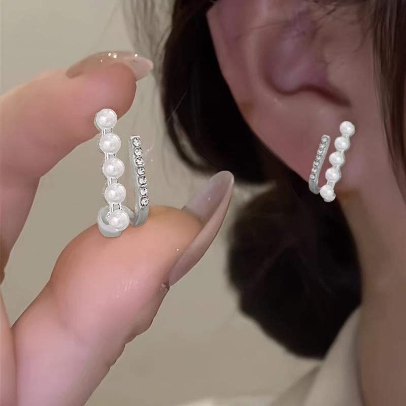 Korean Minimalist Pearl & Rhinestone Double-Row Stud Earrings for Women