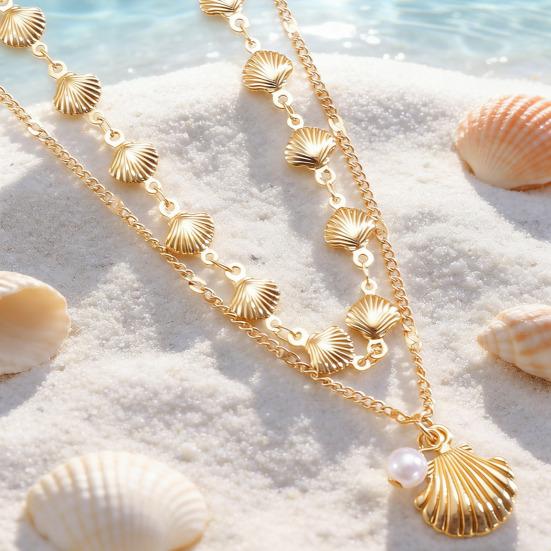 Double Layer Shell Pendant Necklace Lightweight Hypoallergenic Women Faux Pearl Starfish Charm Layered Chain Necklace Ocean Beach Neck Jewelry