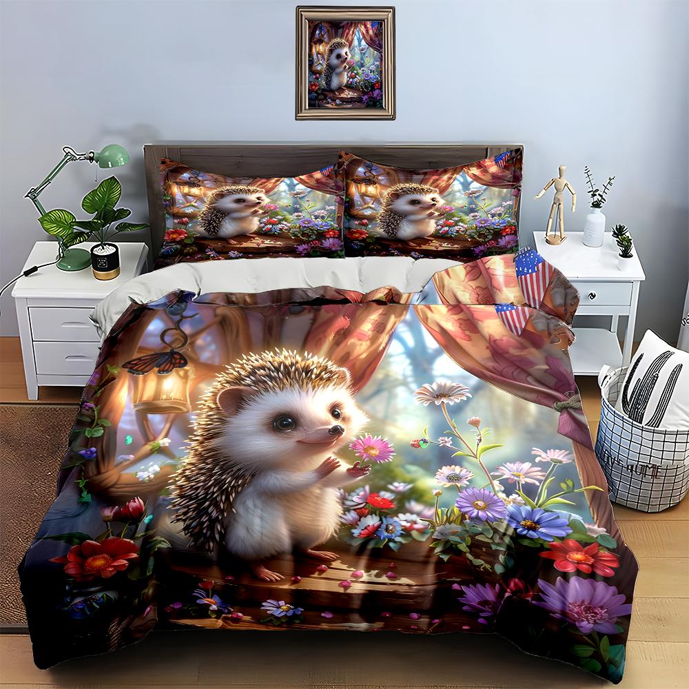 Hedgehog Floral Scene. Bedding Duvet Cover Sets Duvet Covers Pillowcases Gifts (1 * Duvet Cover 2 * Pillowcases, Without Duvet Insert)