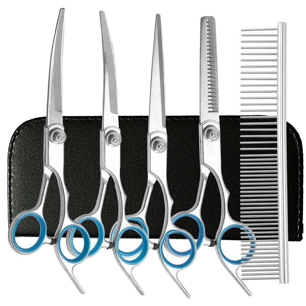Portable Pet Grooming Scissor Set: Flat & Curved Hairdressing Tools