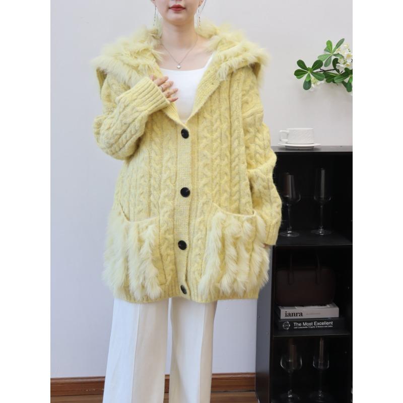 

Осень и зима новый ретро твист сращивание шерстяной вязаный кардиган свободный средней длины с лацканами свитер куртка женская One size жёлтый