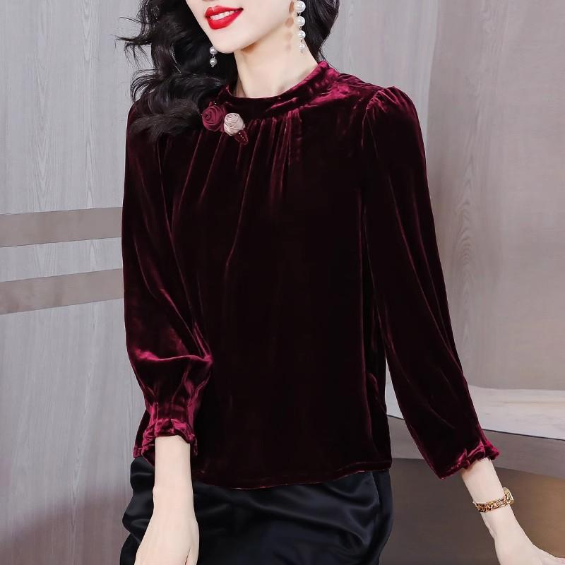 Dámský sametový top z hedvábí v podzimním novém stylu čínského střihu sametový s dlouhým rukávem temperamentní základní košile