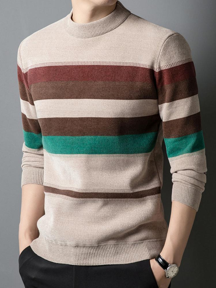 Winter Striped Crew Neck Sweater for Men - Casual Polyester Blend, Medium Stretch, Long Sleeve Knit Pullover with Rib-Knit Regular Fit Warm Sweater