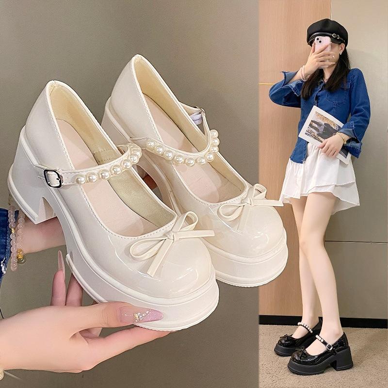 Pearl belt platform Mary Jane shoes autumn 2025 new bow thick heel single shoes women's versatile casual women's shoes