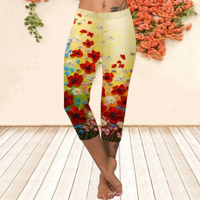 Long Pants, Summer Short Leggings, Short Tight Pants, Plus Size Leggins Women's Slim Fit 3D Red Flower Oil Painting Printed Long Pants