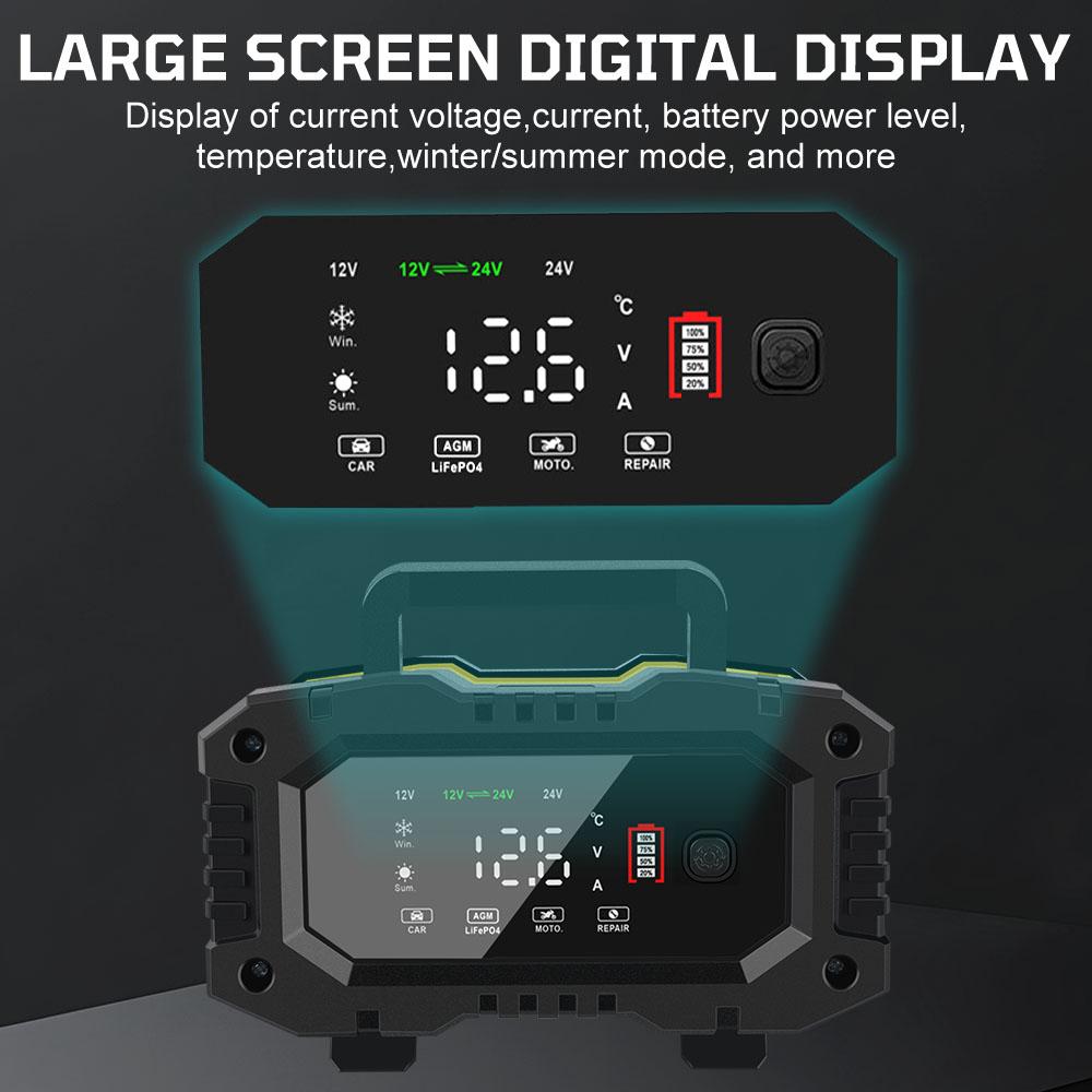 Digital Display Screen Quick Charge Car Motorcycle Battery Charger 7-stage For AGM GEL SLA Lead-Acid LiFePO4 Smart Battey Charger Handheld 12V-24V
