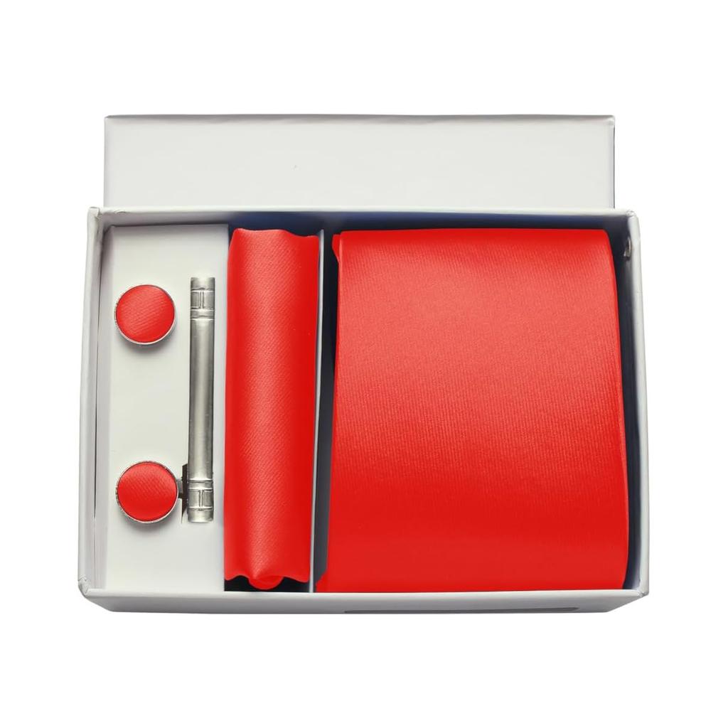 Mens Silk Tie 8Cm Solid Red Blue Necktie Handkerchief Cufflinks Gift Box Set Formal Ties For Man Workplace Business Wedding Gift