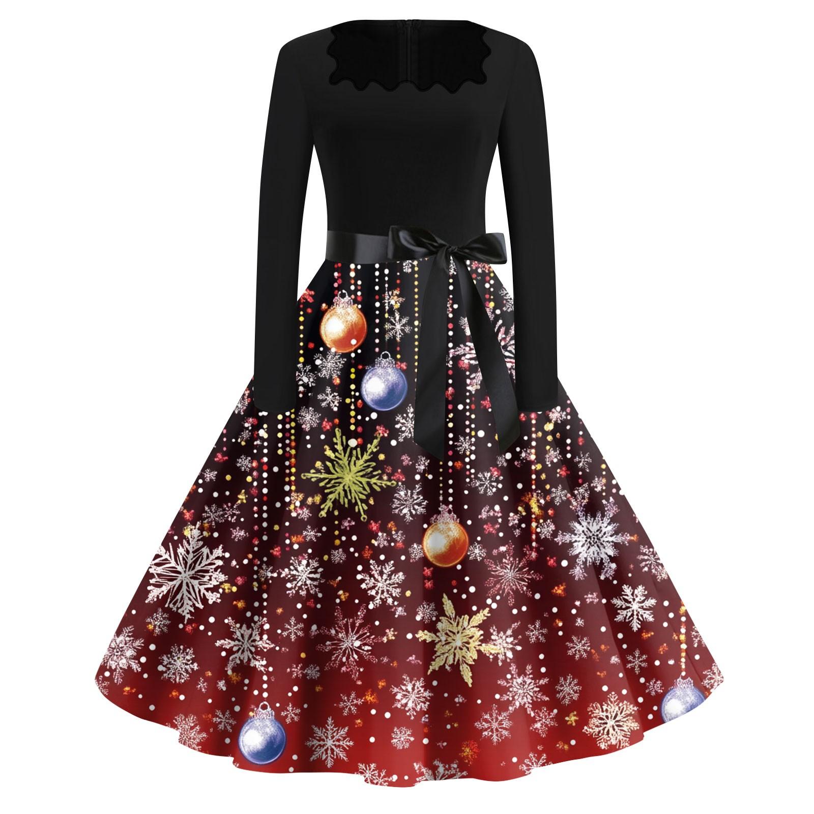 

Женские модные повседневные платья с квадратным вырезом и тонкими рождественскими принтами с длинными рукавами L киноварь