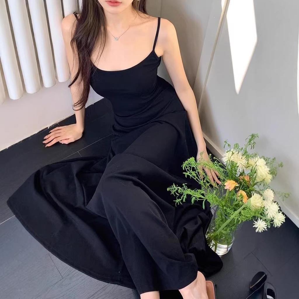 Spicy Girl Solid Color High-Waisted Spaghetti Strap Off-Shoulder Knee-Length Slimming Summer Dress