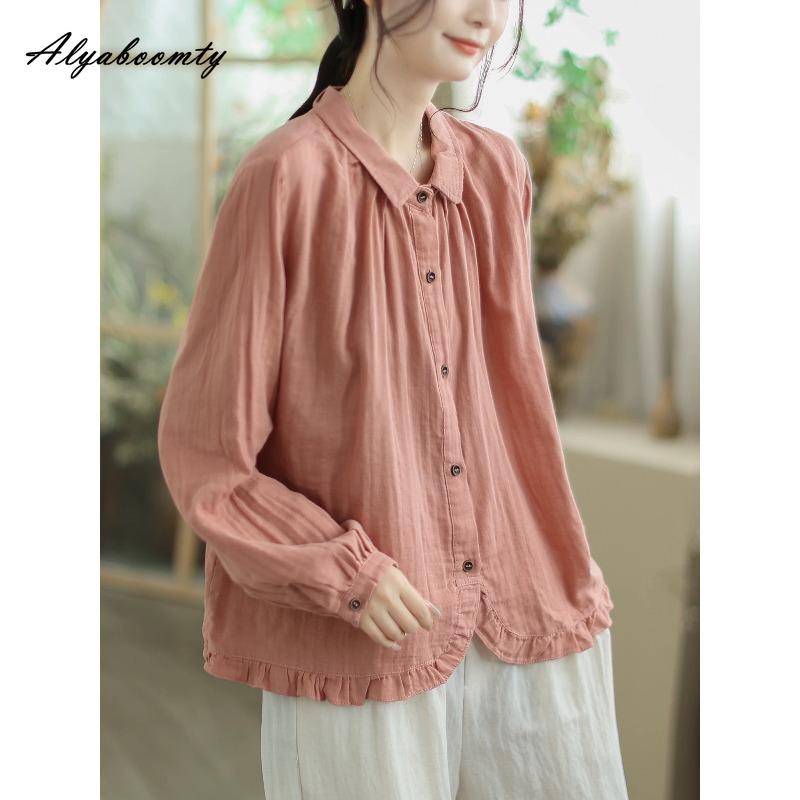 2026 Plus Sie Spring Autumn Women Casual Loose Basic Blouse Turn-Down Collar Blue Cotton Shirt Long Sleeve Baggy Comfortable Ladies' Blouse