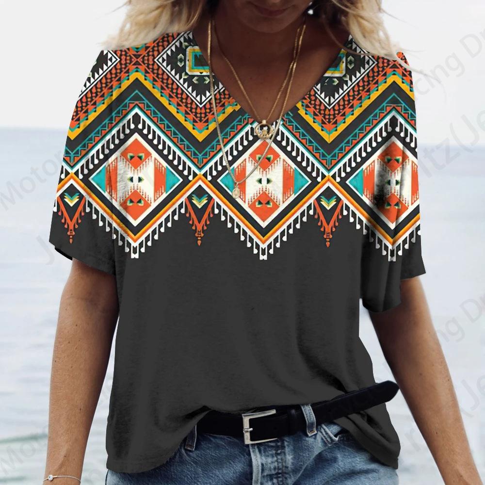 Women's T Shirt Vintage 3d Print T-shirt Women Fashion Casual V-Neck Short Sleeve Tops Tees Ethnic T Shirt Geometric Camisetas
