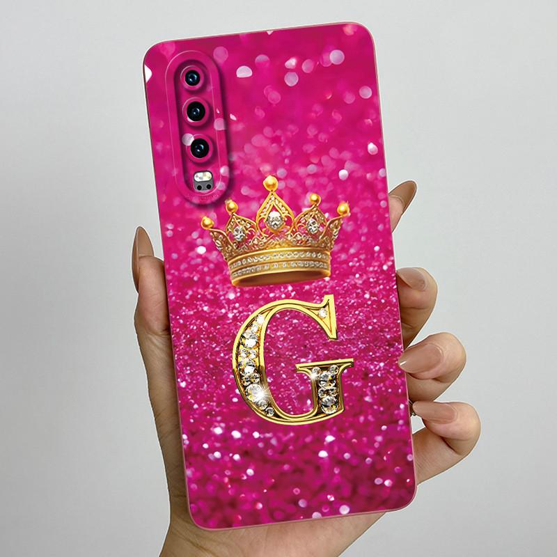 Back Cover For Huawei P30 ELE-L29 P 30 Pro VOG-L29 Crown Initial Letter Phone Case Liquid Soft Silicone Lens Protective Casing