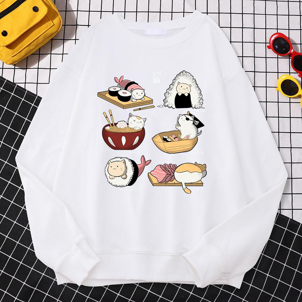 Simple Autumn Women Sweatshirt Sushi Cat'S Day Harajuku Printing Hoodies Crewneck  Pullover Warm Loose Female Streetwear