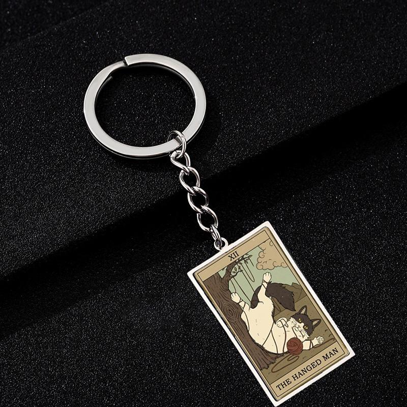 Cute Cat Tarot Card Keychain Vintage Rectangle Epoxy Stainless Steel Pendant Key Chain Animal Divination Jewelry