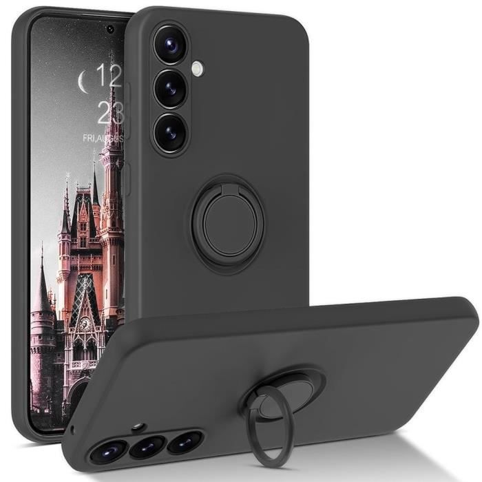 Coque Silicone - Booling - pour Samsung Galaxy S23 FE - Noir - Anneau Support - Protection Antichoc