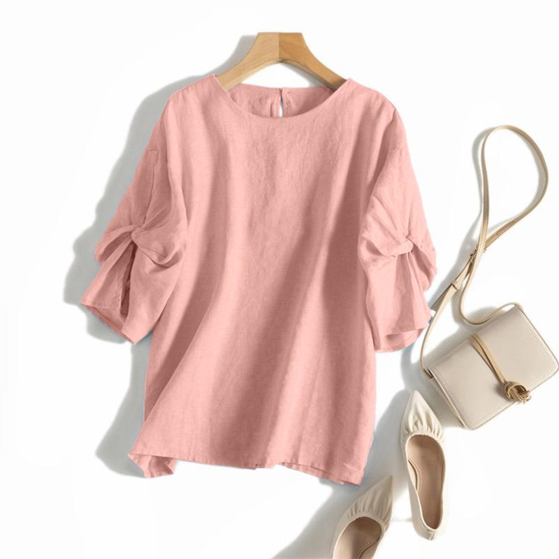 ZANZEA Women Round Neck Solid Color Casual Short Sleeve Blouse