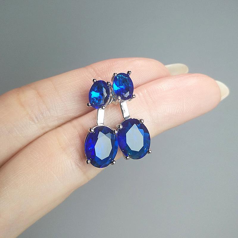 Rear Hanging Double Blue Stone Oval Diamond Suspension Earrings, Simple Colored Treasure Gift, Two Earrings.