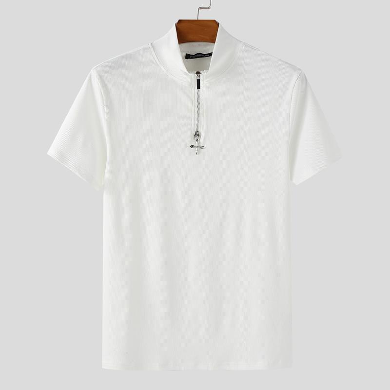 

INCERUN Мужские футболки на молнии с высоким воротом, с коротким рукавом, однотонные, повседневные, приталенные XL