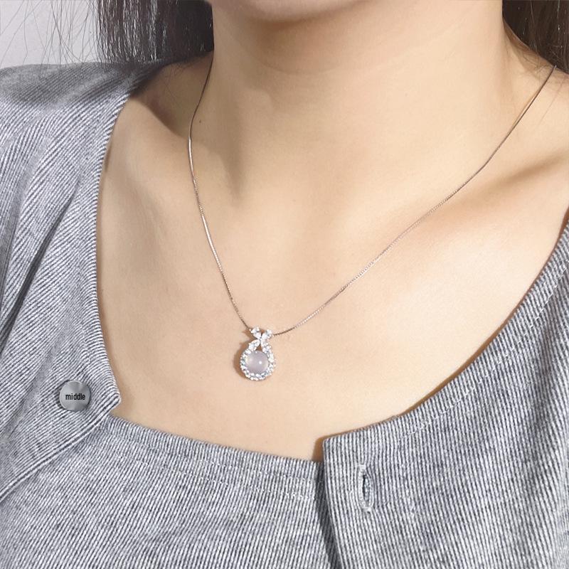 Exquisite S925 Sterling Silver Bowknot & Diamond Necklace with White Chalcedony