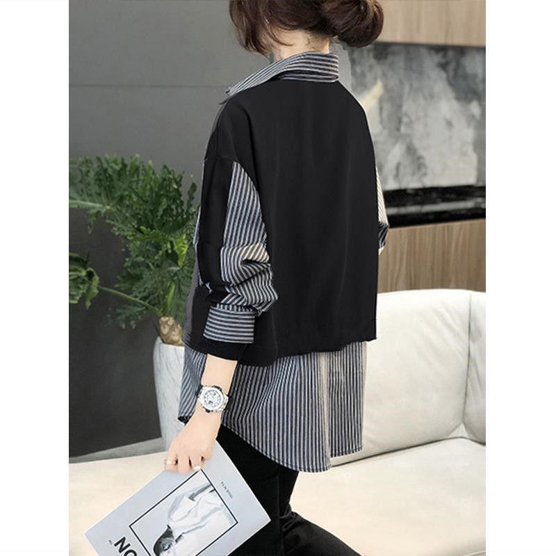 Striped long-sleeved women's shirt loose Hong Kong style fashion shirt fake two-piece splicing top 1116 new women's clothing