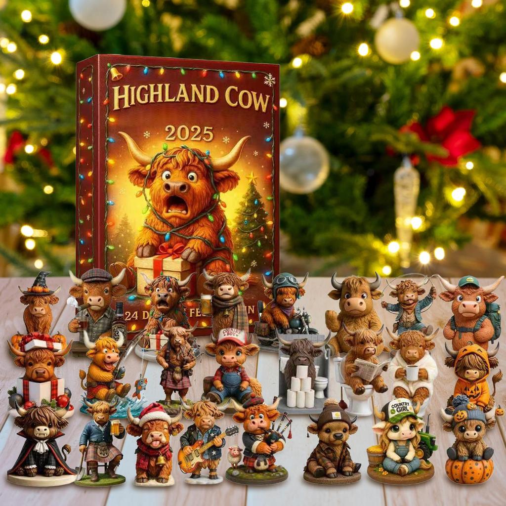 3D Christmas Advent Calendar 24pcs Highland Cow Christmas Countdown Christmas Tree Highland Cow Pendants Ornament Christmas Gift