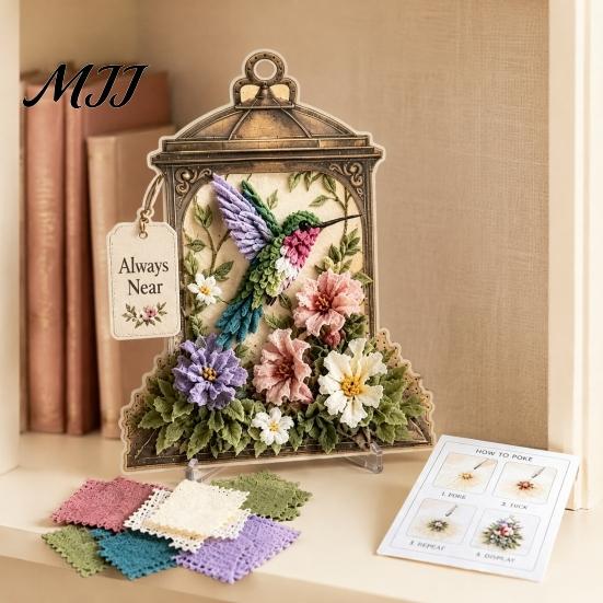 Kit Creativo per Principianti Arte con Ago su Tessuto 3D, Lanterna della Memoria Fai-da-te con Uccello, Set Floreale e Modelli, Kit Punch Needle per Adulti, Decorazione da Tavolo e Camino per la Casa