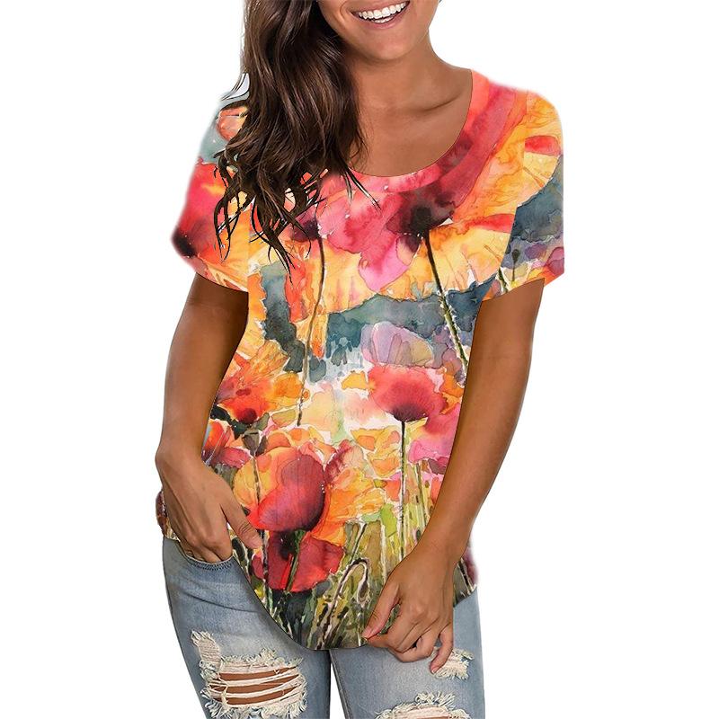 

Круглый вырез с короткими рукавами женская летняя модная свободная женская футболка с цветочным принтом 6XL