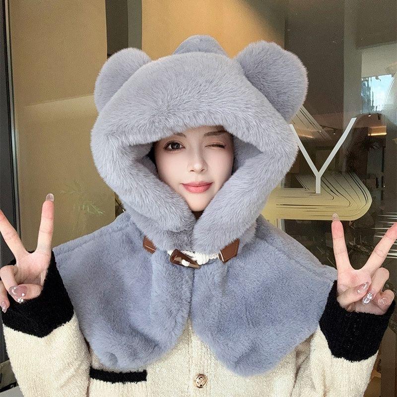 Cute hairy hat winter ladies tide bear vest integrated cold protection thickened winter hat warm shawl
