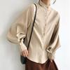 Vintage Stand Collar Loose Lantern Sleeve Shirt for Women Fashion Autumn New Solid Elegant Casual Women's Blouse Button Up Fashion Lady Blouses 25341