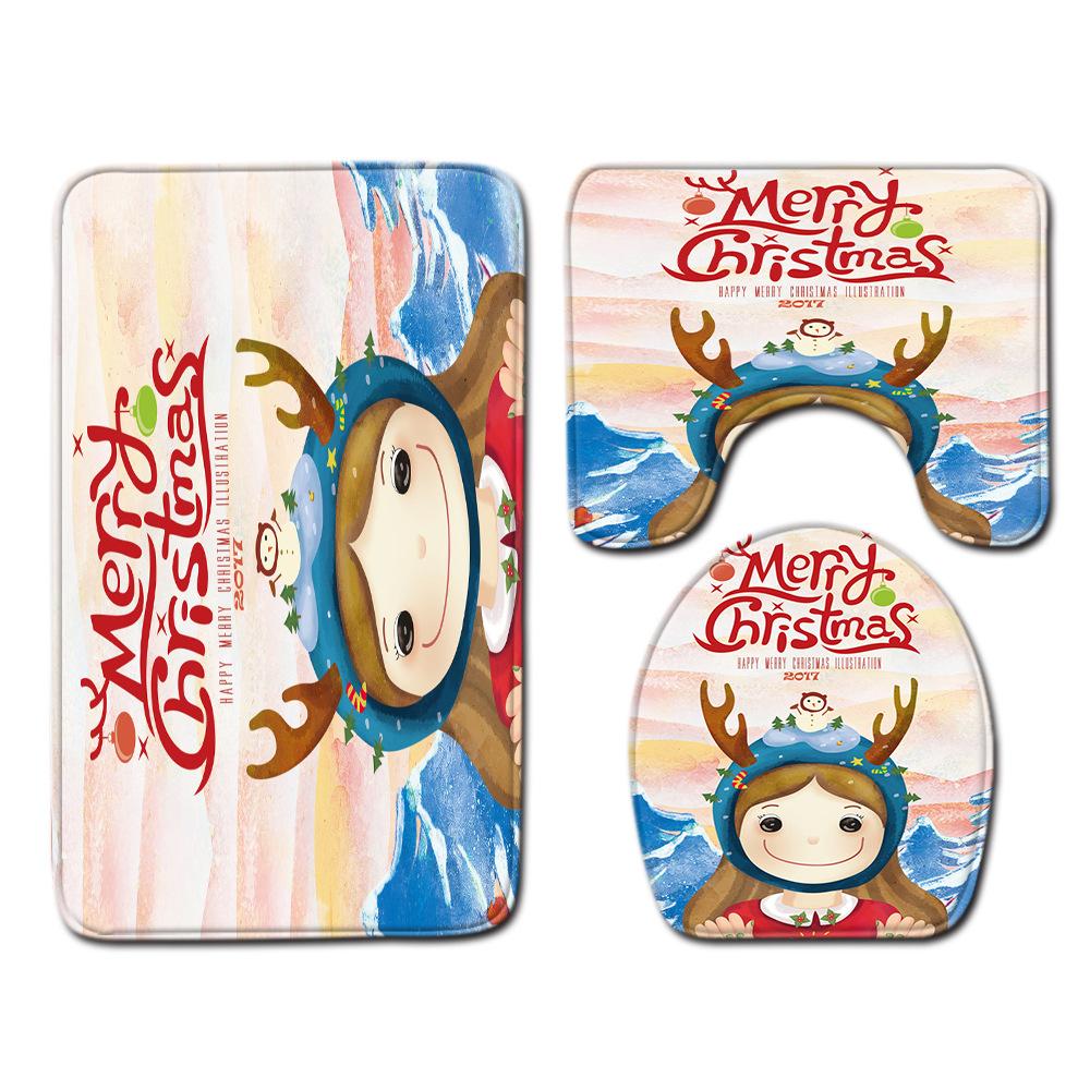 Christmas Shower Curtain Floor Mat Combination Four-Piece Set Bathroom Toilet Carpet Shower Room Mat Foot Mat