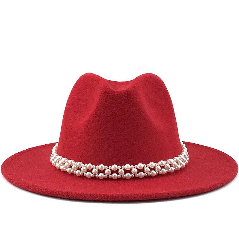 Woolen Hat Elegant Fashion Pearl Woolen Hat British Style Jazz Hat Big Brim Hat Women's Autumn and Winter Top Hat