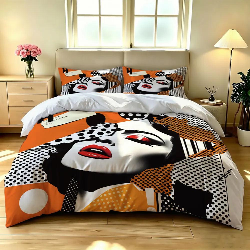 Set de așternut cu 3 piese, stil Pop Art, cu buze roșii, pentru pat, fără pilotă, material moale, lavabil la mașină și utilizat în scopuri decorative