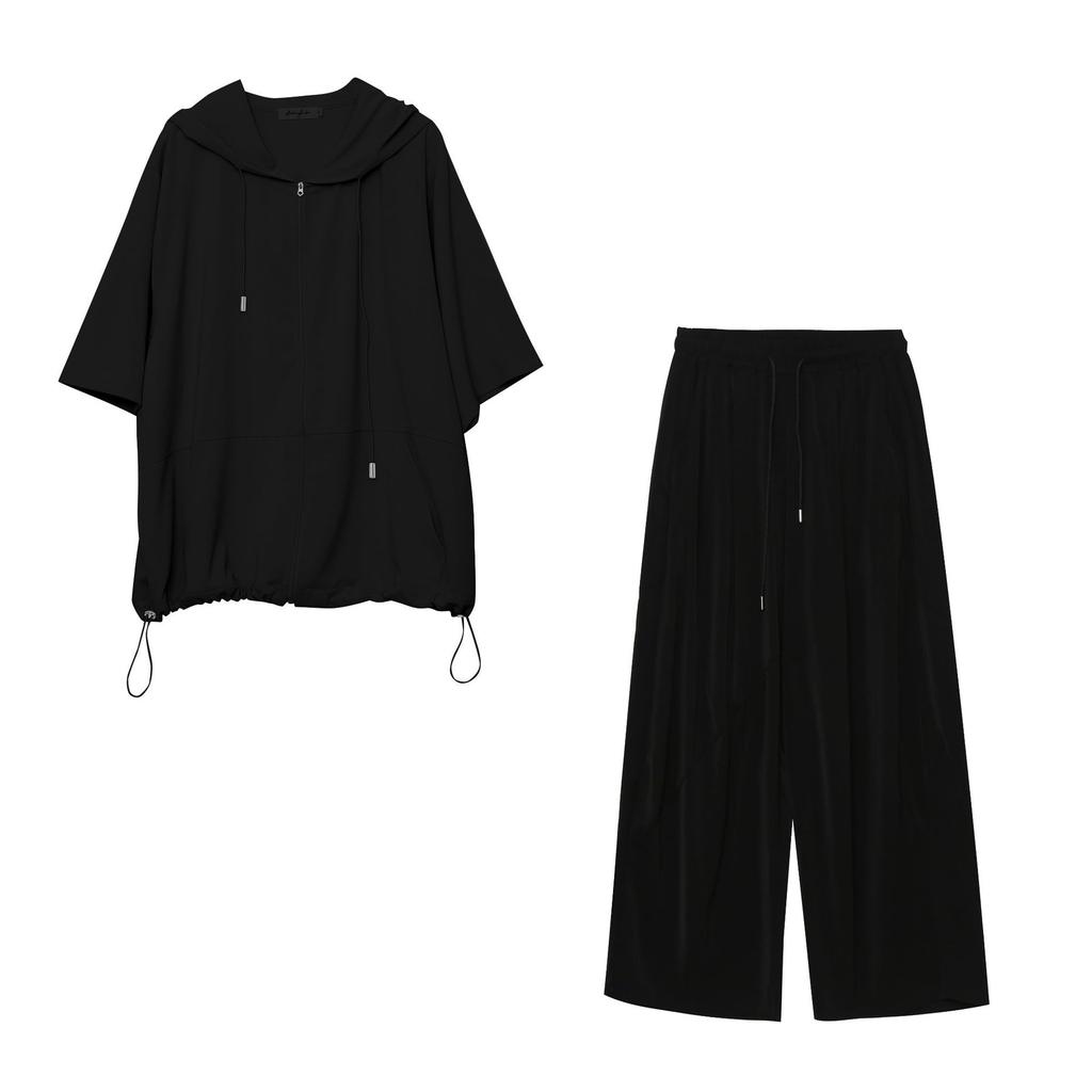 Women's Loose Two-Piece Pant Suit Short Sleeve Zip Up Hooded Jacket Wide Leg Pants Elegant Commuter Plus Size Matching Outfit Set