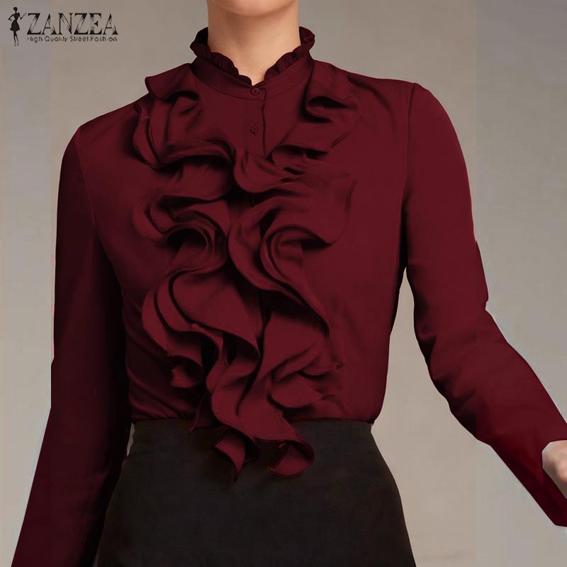 ZANZEA Elegant Ruffle Blouse Women Long Sleeve Button Down OL Shirts Casual Tops