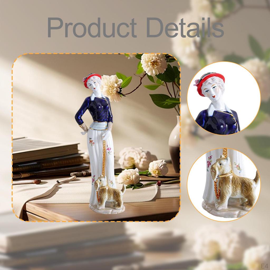 Ceramic Lady and Dog Statue Girl Figurine Collection Elegant for Cabinet Living Room