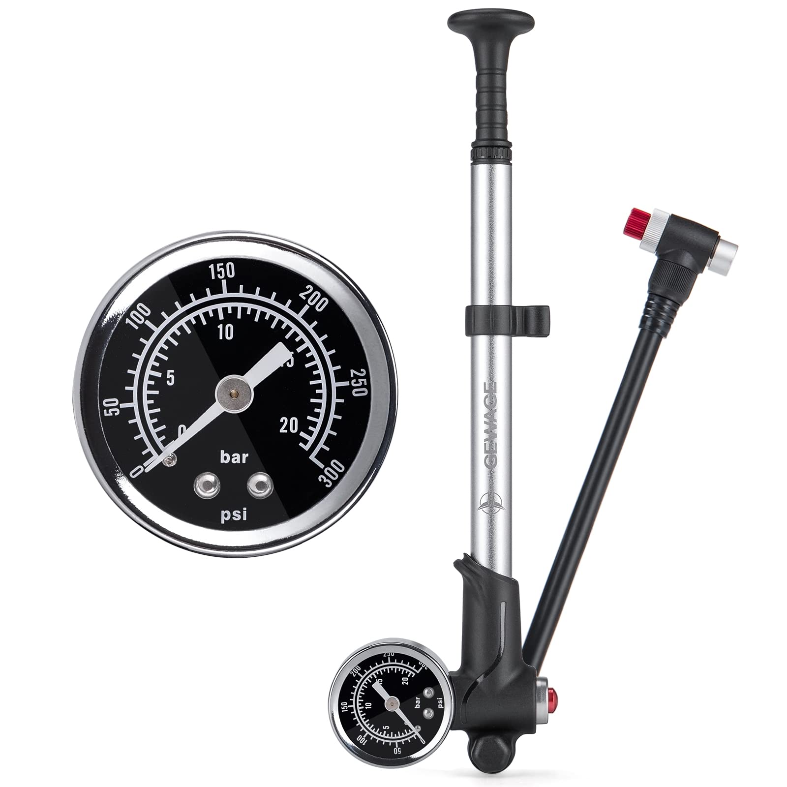 

GEWAGE Велосипедная подвеска с совместимым с американским для серебряного насоса, 300 фунтов на кв. дюйм/20 бар, манометр, клапаны, MTB, серебряный