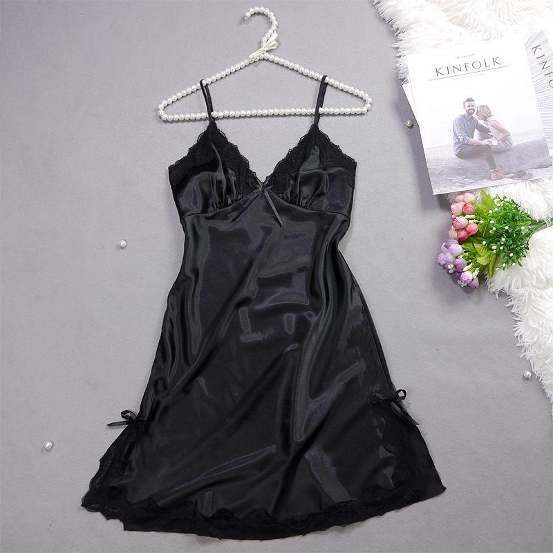 Women's Summer Lace Trim Ice Silk Pajama Set - Cool, Breathable Camisole Nightgown with Short Skirt